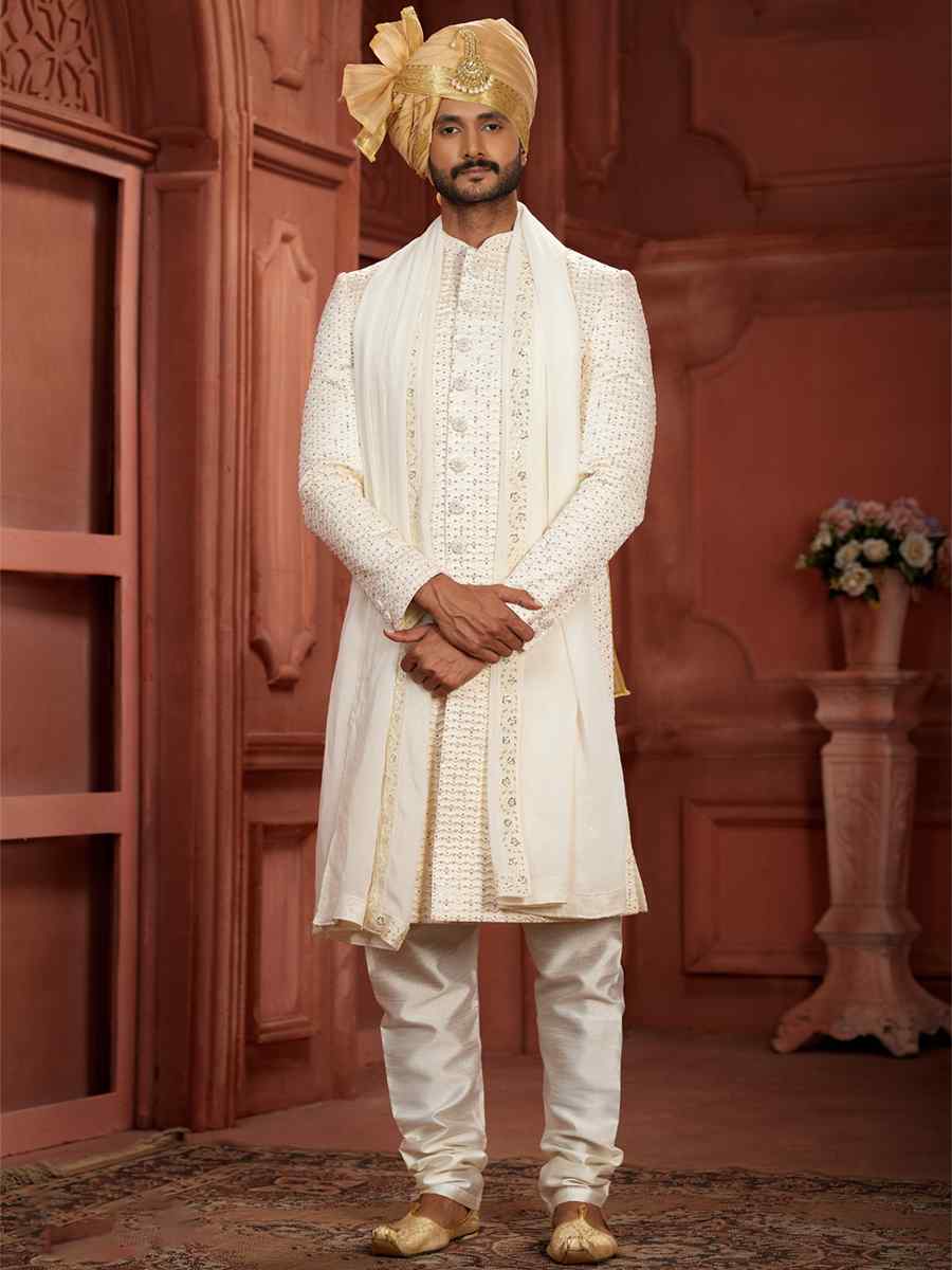 Cream Pure Silk Embroidered Groom Wedding Sherwani