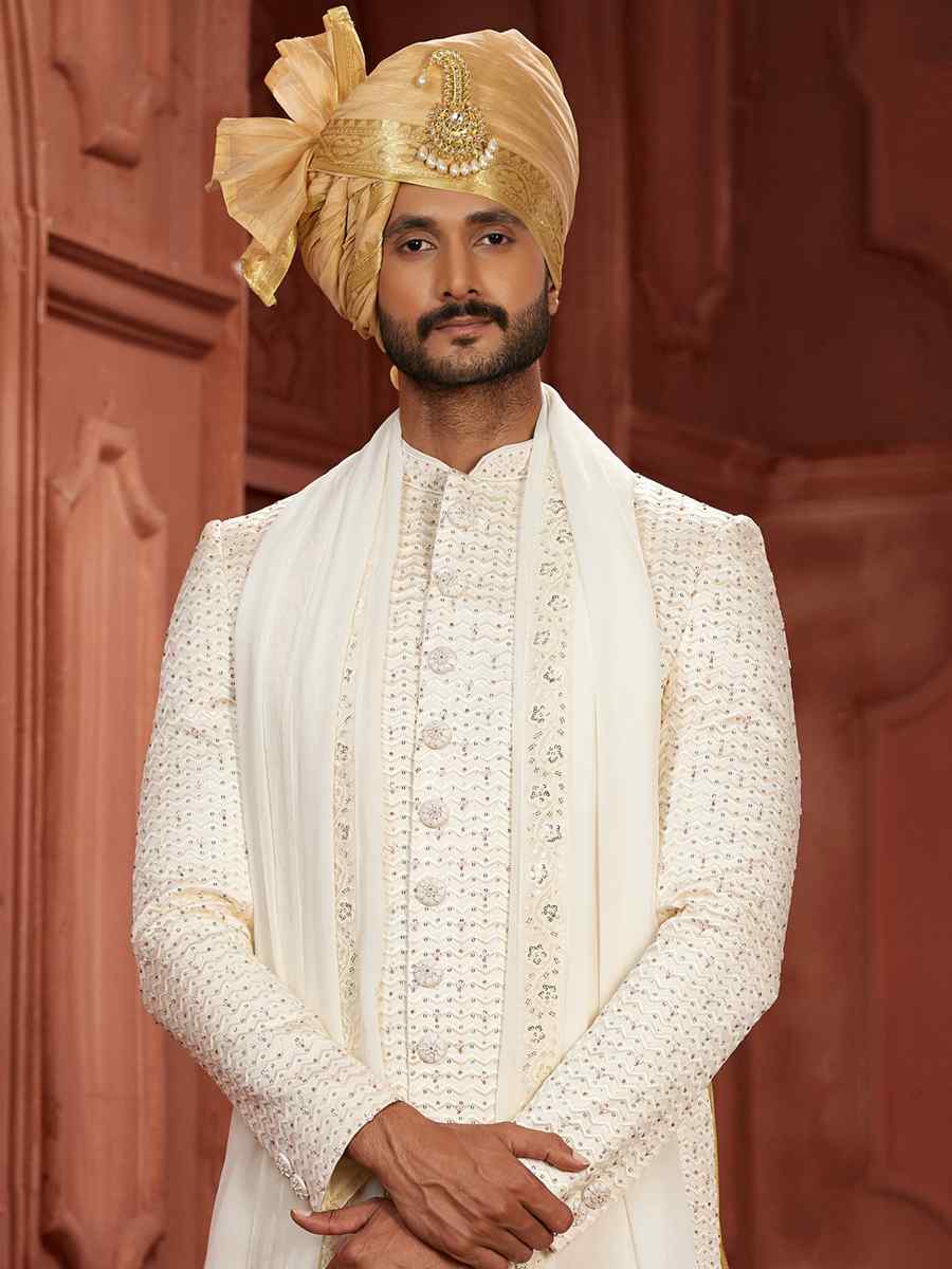 Cream Pure Silk Embroidered Groom Wedding Sherwani