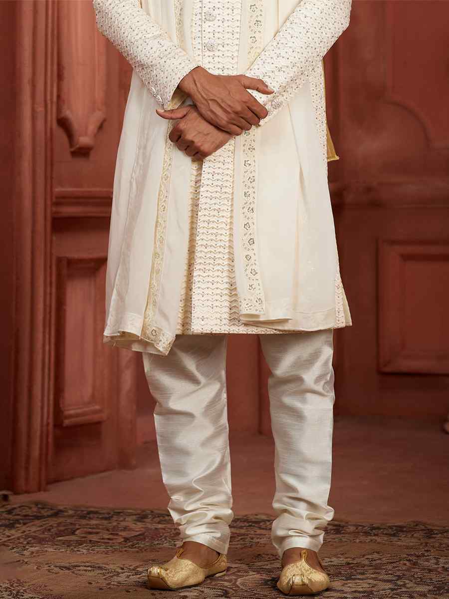 Cream Pure Silk Embroidered Groom Wedding Sherwani