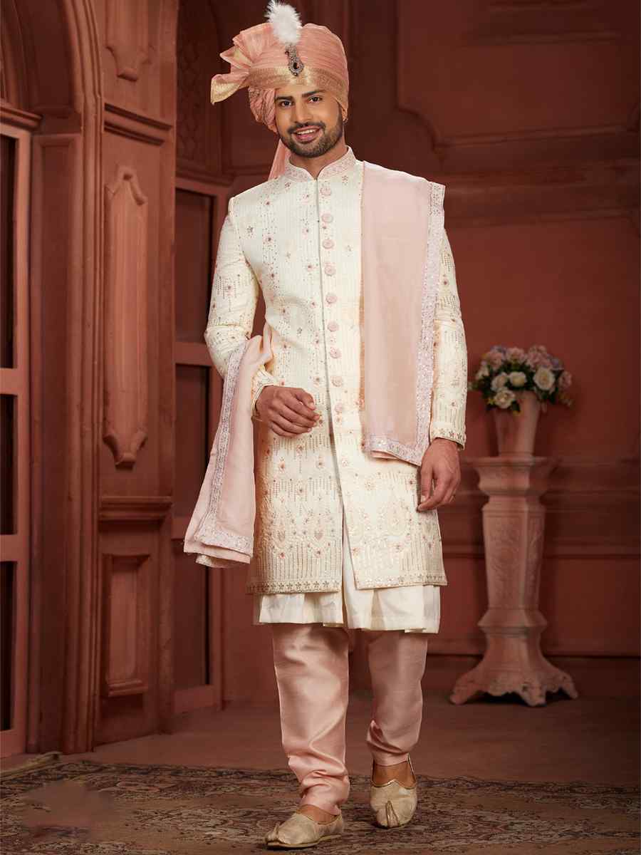 Cream Pure Silk Embroidered Groom Wedding Sherwani