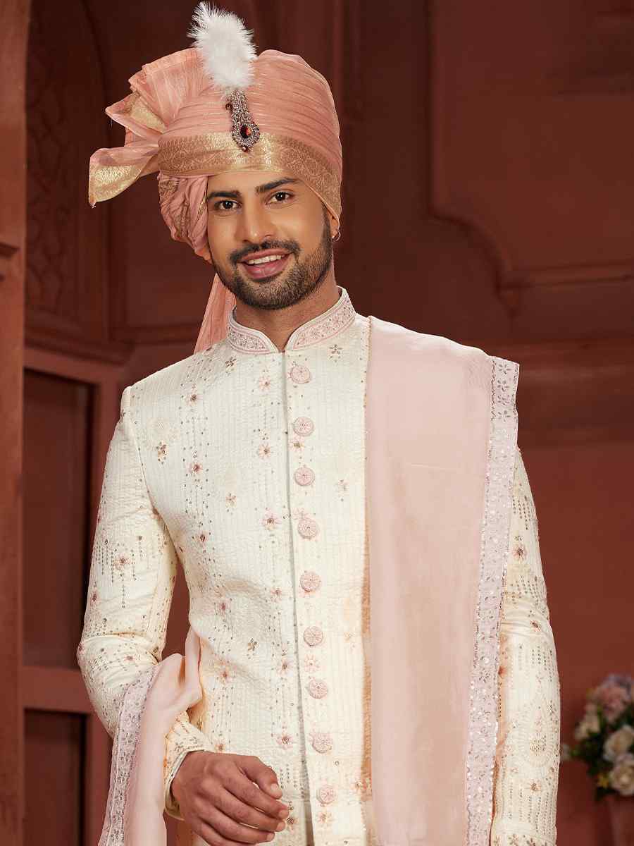 Cream Pure Silk Embroidered Groom Wedding Sherwani