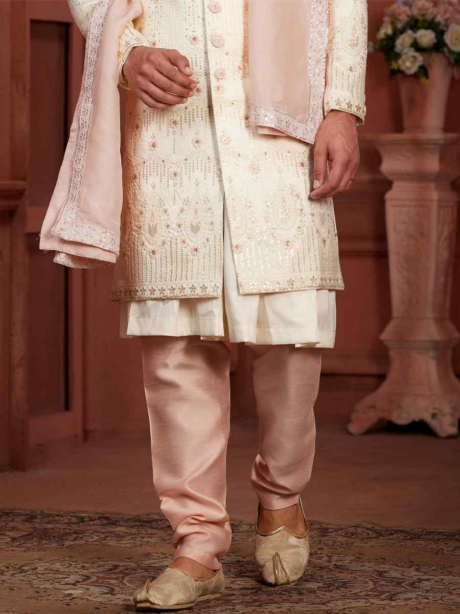 Cream Pure Silk Embroidered Groom Wedding Sherwani