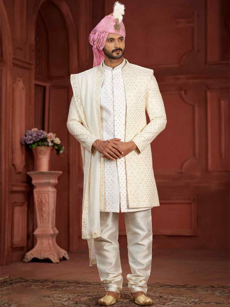 Cream Pure Silk Embroidered Groom Wedding Sherwani