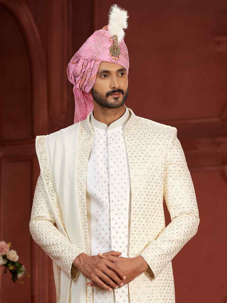 Cream Pure Silk Embroidered Groom Wedding Sherwani