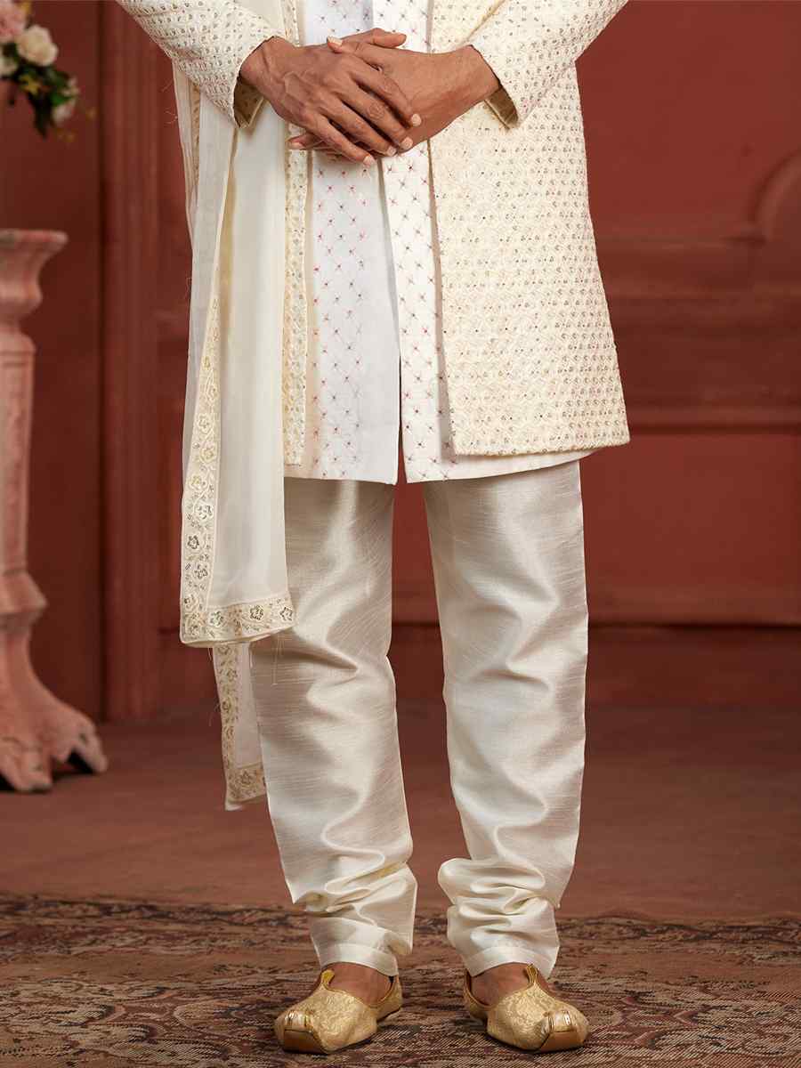 Cream Pure Silk Embroidered Groom Wedding Sherwani