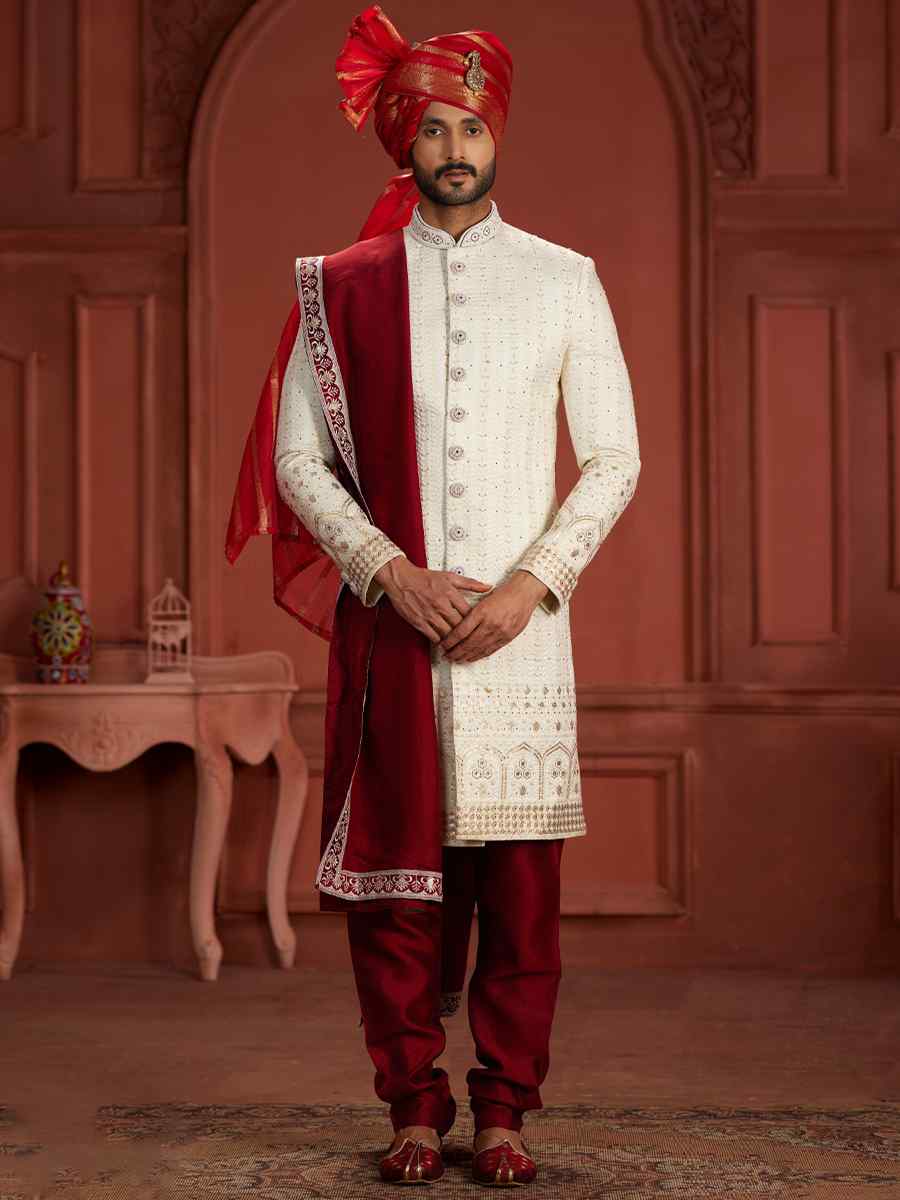 Cream Pure Silk Embroidered Groom Wedding Sherwani