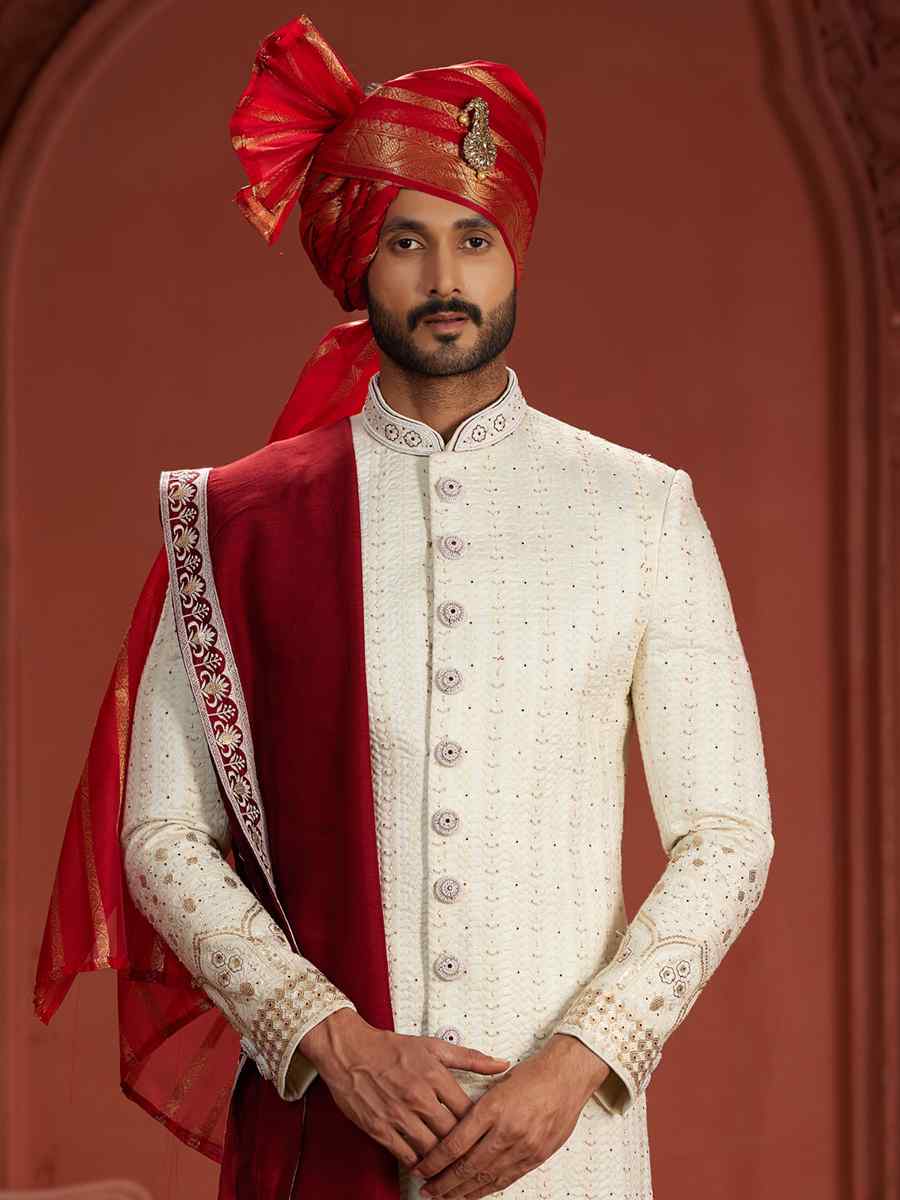 Cream Pure Silk Embroidered Groom Wedding Sherwani