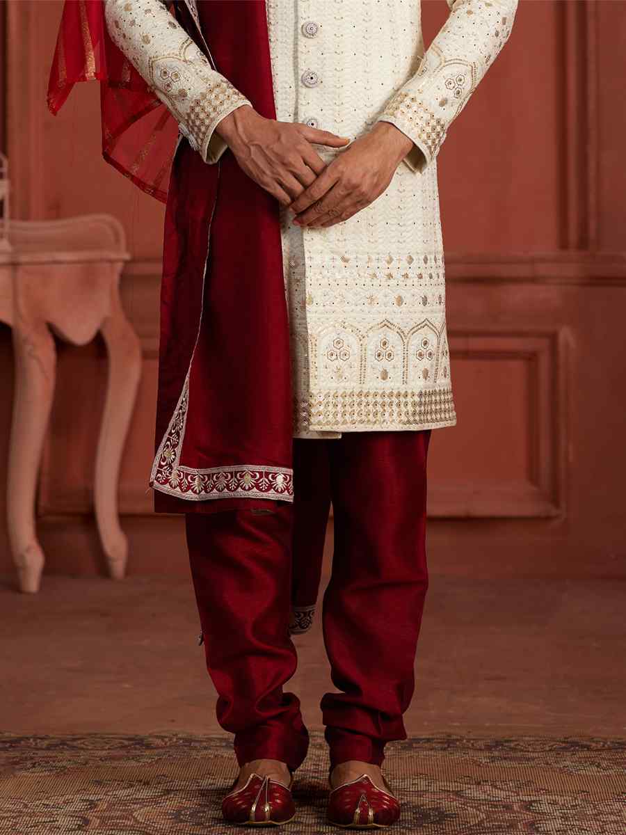 Cream Pure Silk Embroidered Groom Wedding Sherwani