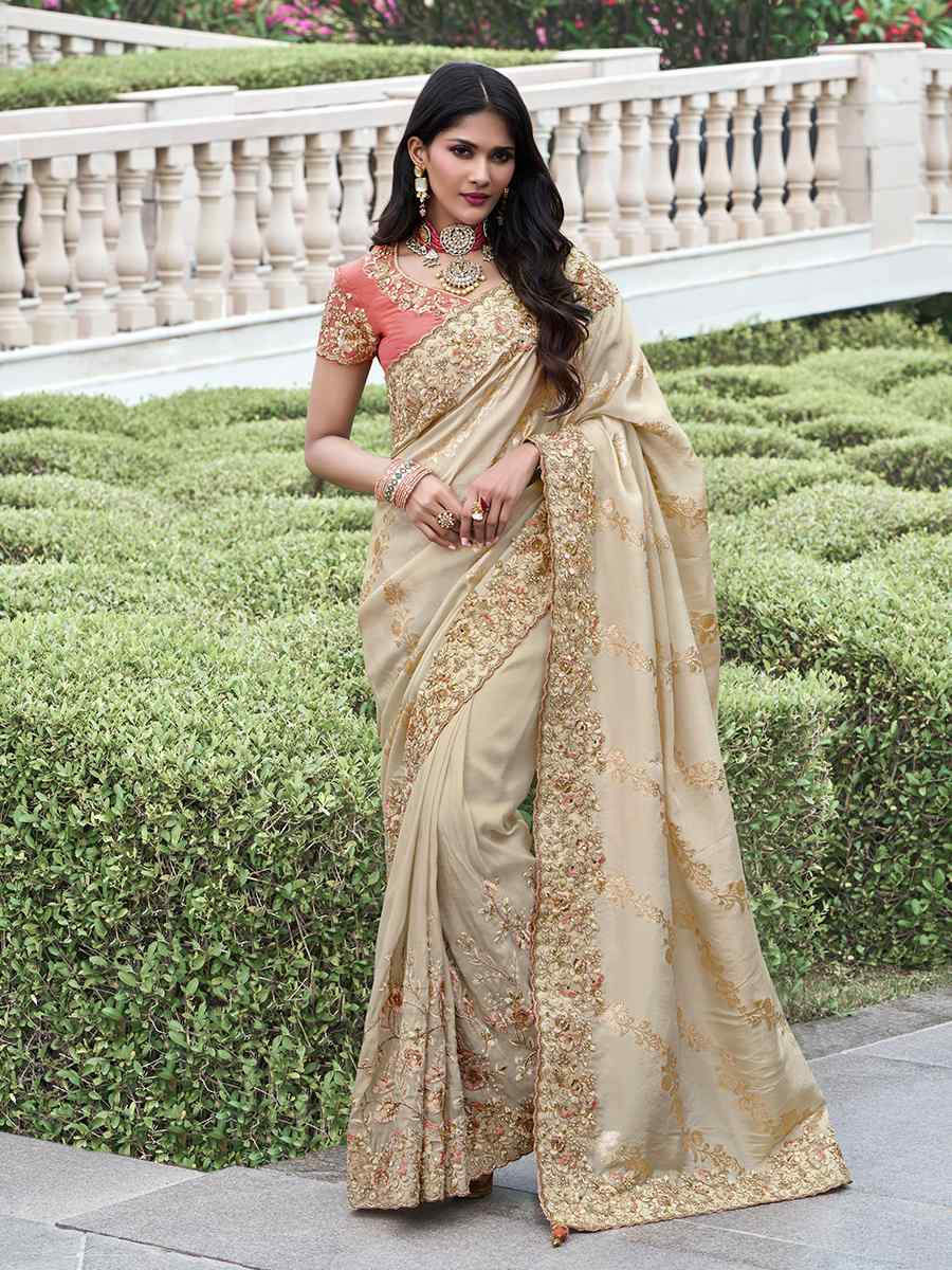 Cream Pure Tissue Silk Embroidered Reception Wedding Heavy Border Saree