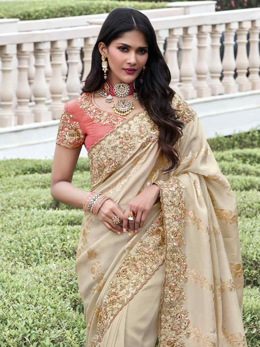 Cream Pure Tissue Silk Embroidered Reception Wedding Heavy Border Saree