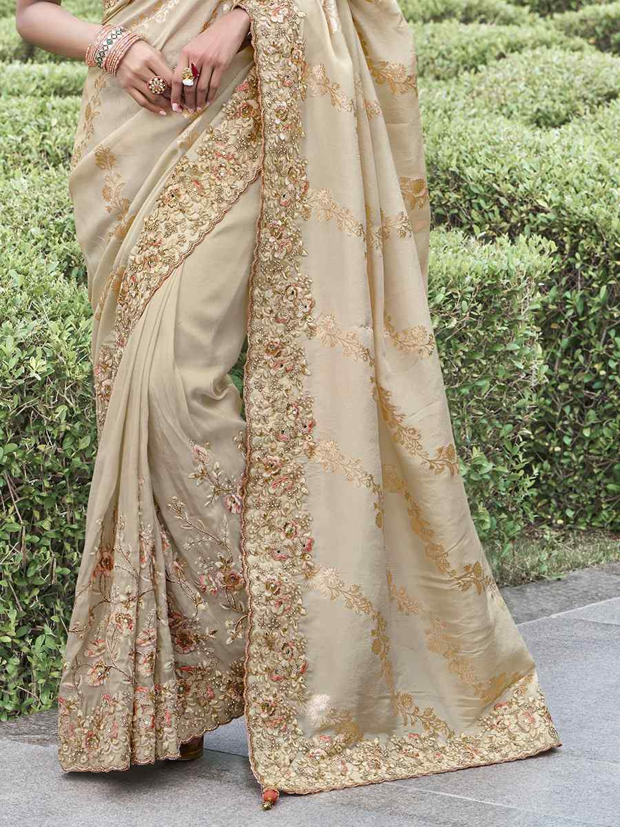 Cream Pure Tissue Silk Embroidered Reception Wedding Heavy Border Saree