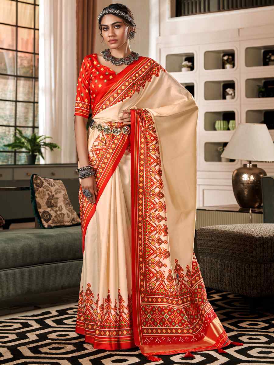 Cream Pure Tusser Patola Printed Festival Casual Contemporary Saree