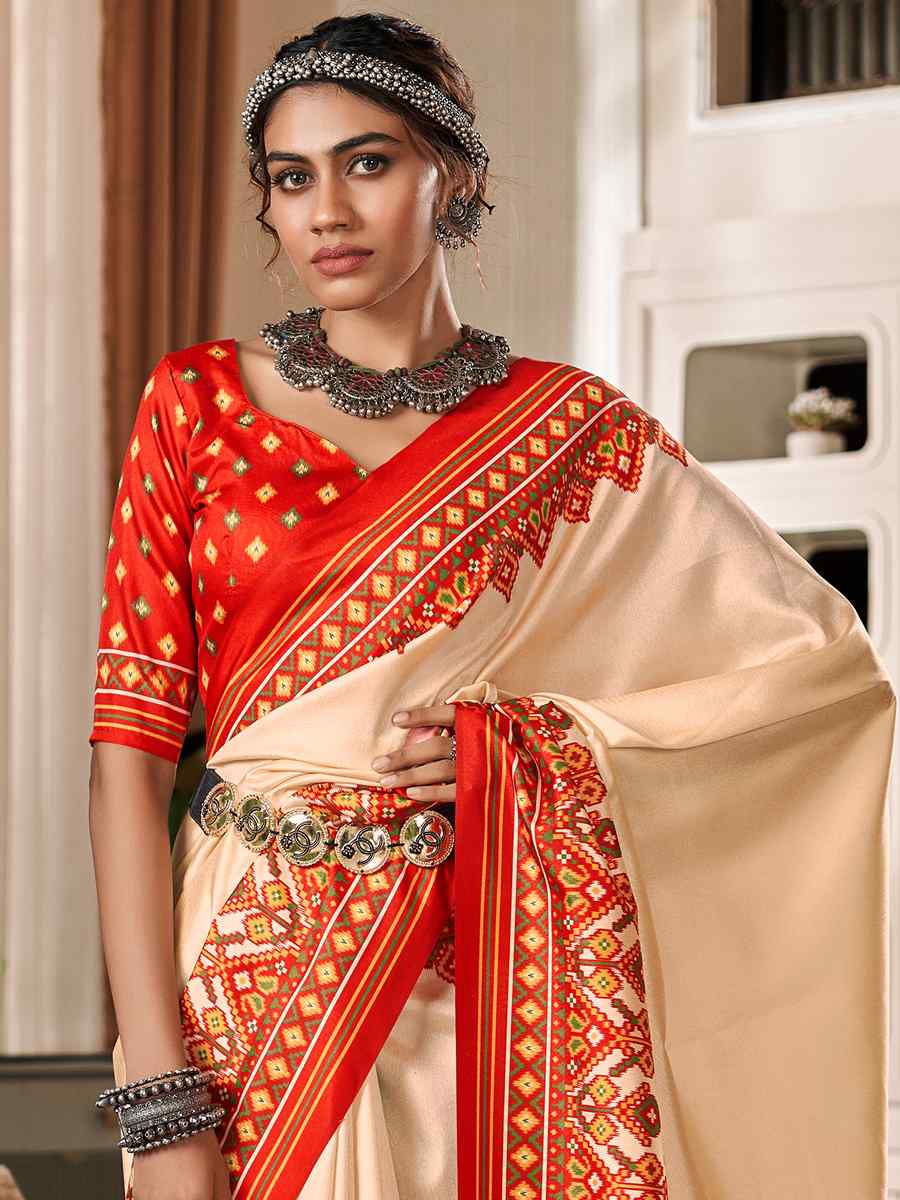 Cream Pure Tusser Patola Printed Festival Casual Contemporary Saree