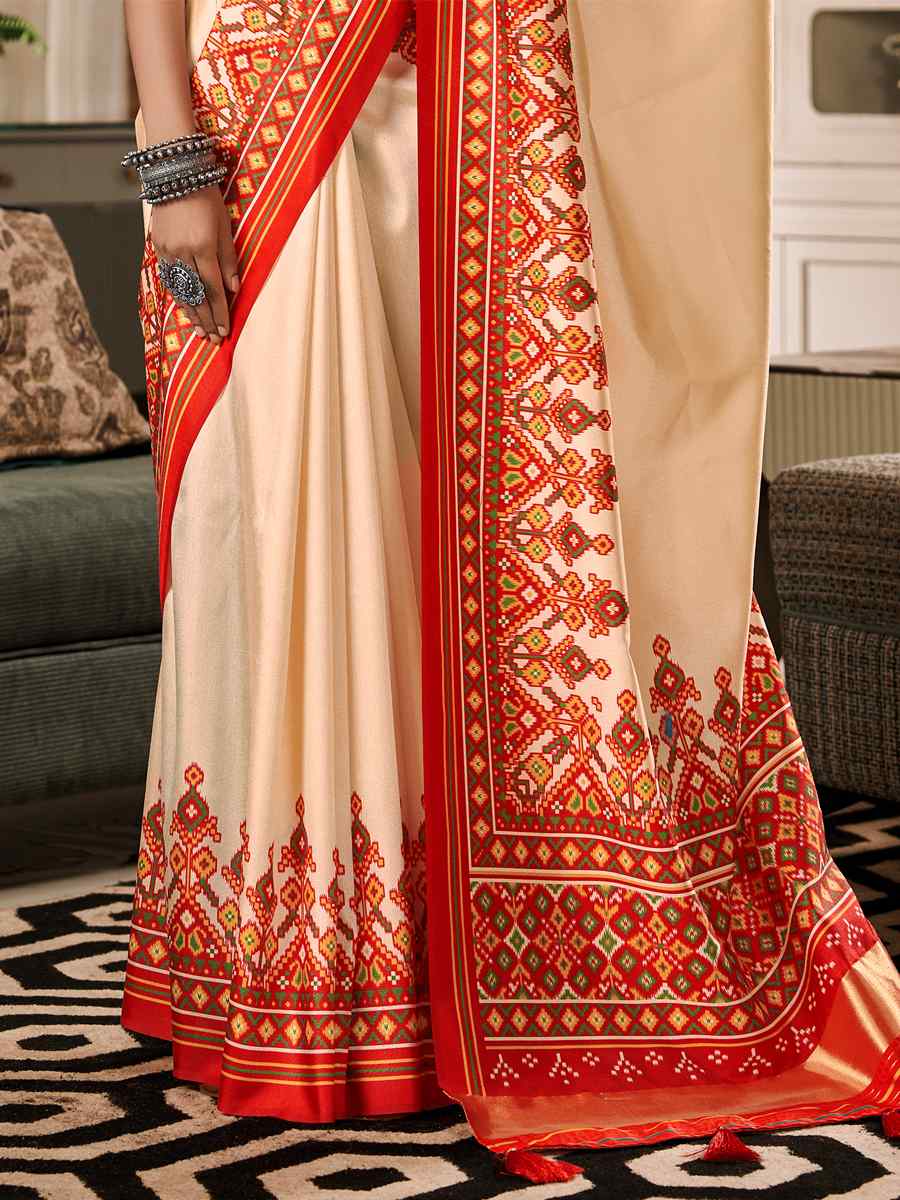 Cream Pure Tusser Patola Printed Festival Casual Contemporary Saree