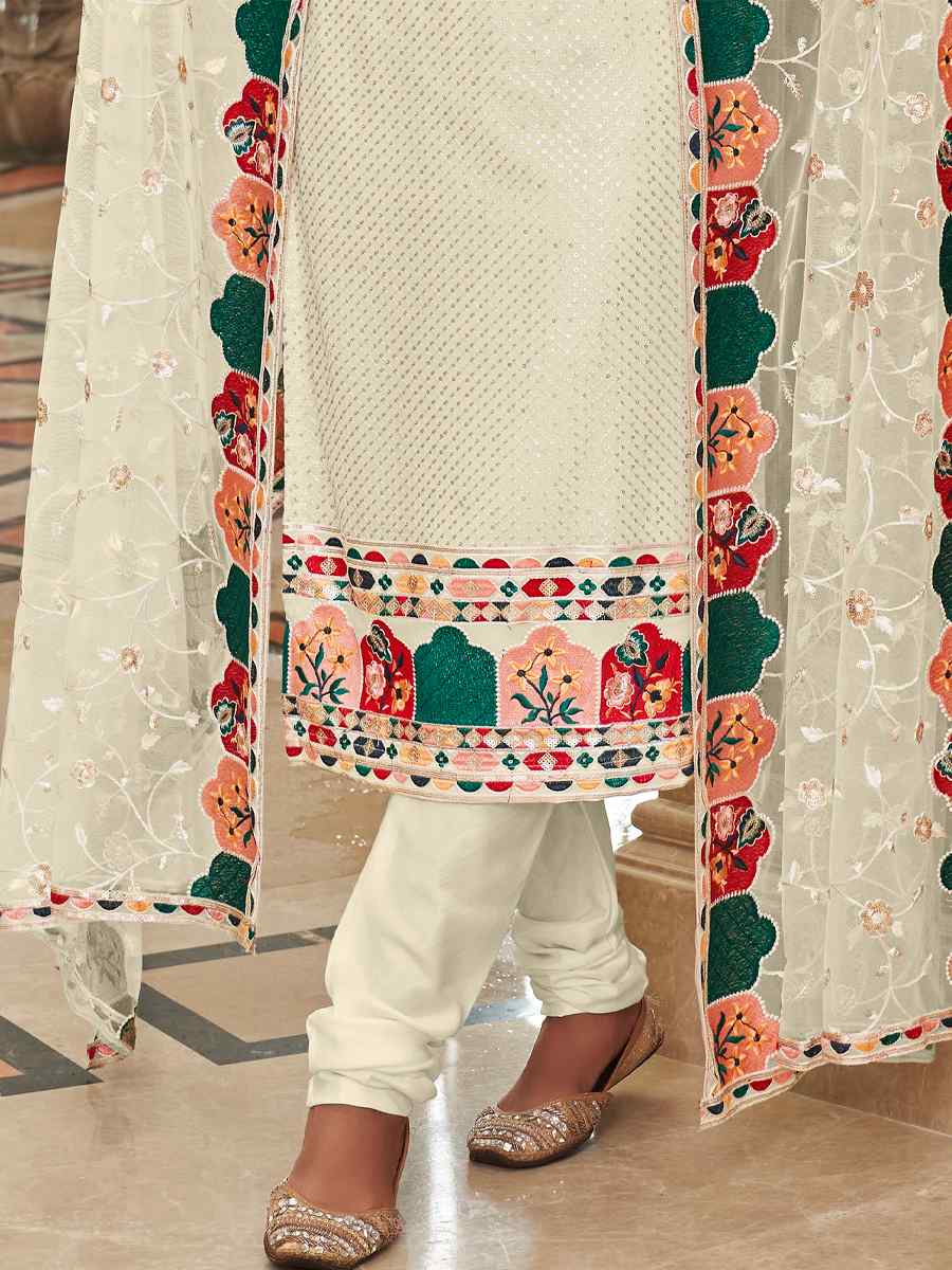 Cream Real Georgette Embroidered Festival Wedding Pant Salwar Kameez