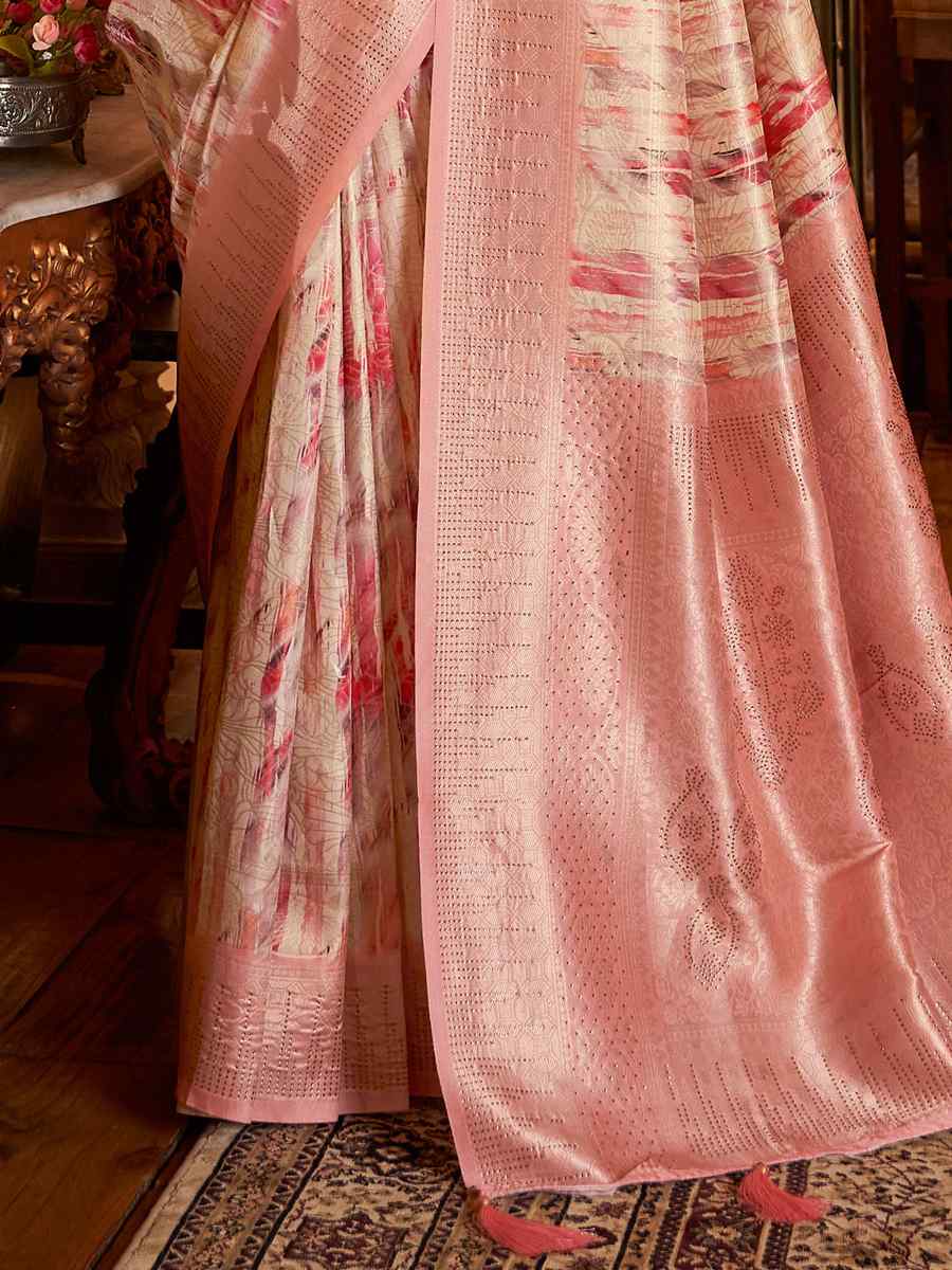 Cream Rush Soft Silk Handwoven Wedding Festival Heavy Border Saree