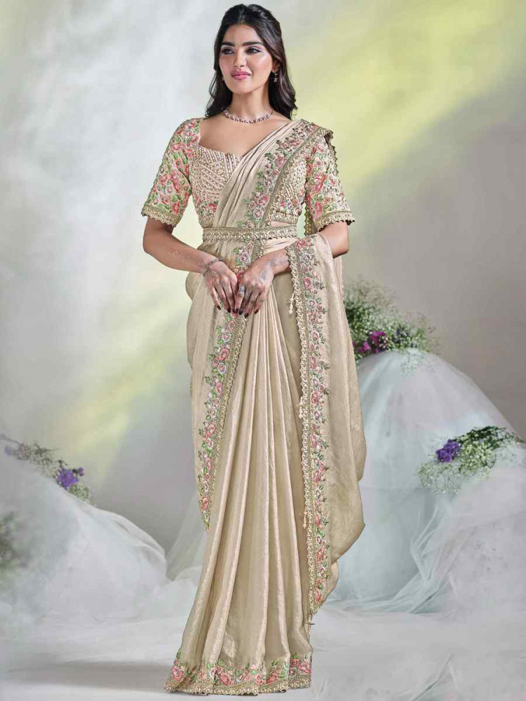 Cream Satin Silk Embroidered Reception Wedding Heavy Border Saree