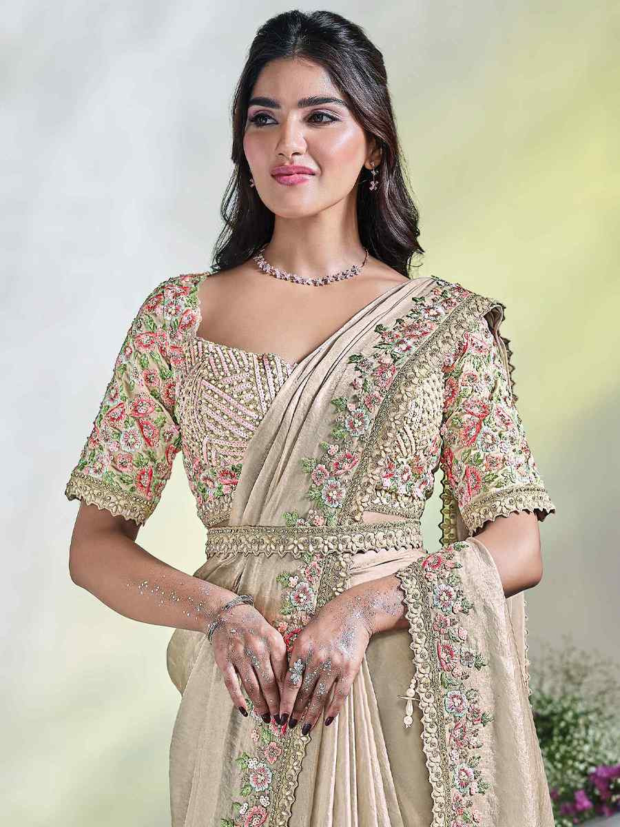 Cream Satin Silk Embroidered Reception Wedding Heavy Border Saree