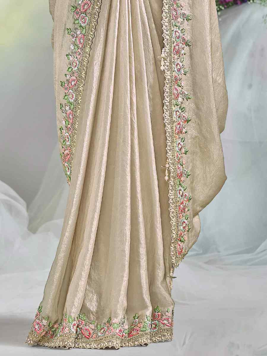 Cream Satin Silk Embroidered Reception Wedding Heavy Border Saree