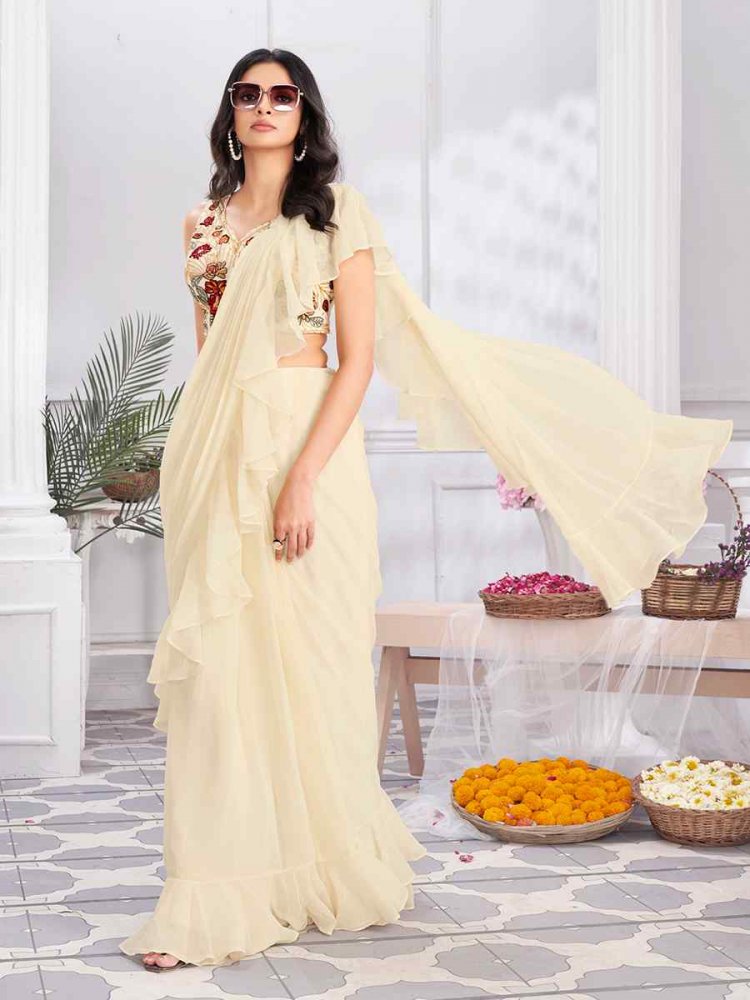 Cream Satin Silk Fancy Embroidered Festival Casual Classic Style Saree