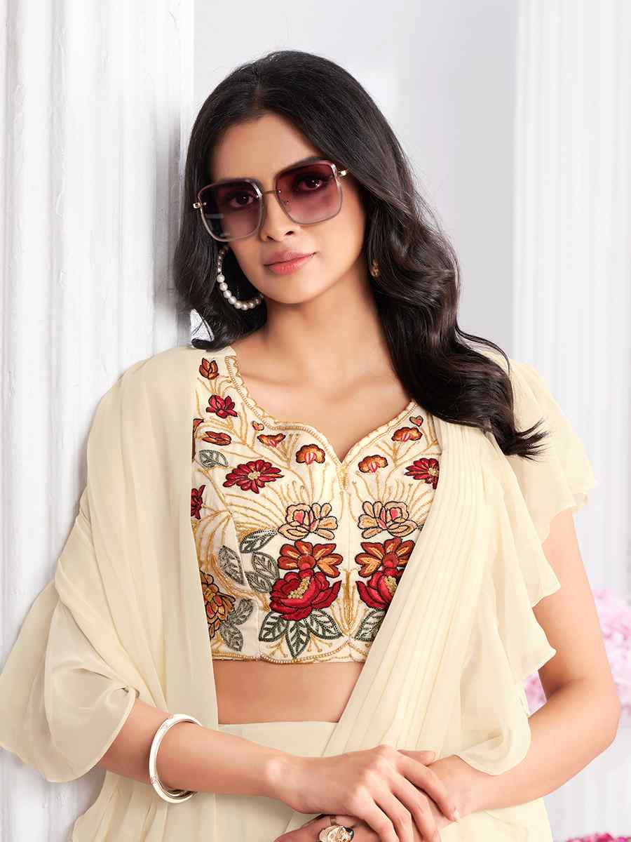 Cream Satin Silk Fancy Embroidered Festival Casual Classic Style Saree