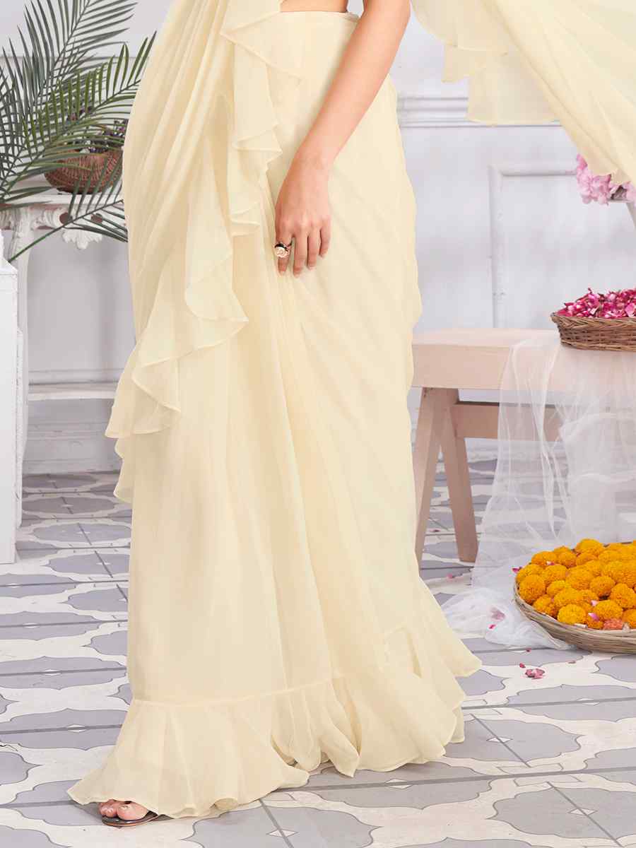 Cream Satin Silk Fancy Embroidered Festival Casual Classic Style Saree