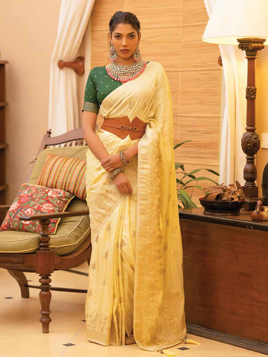 Cream Satin Silk Handwoven Festival Wedding Heavy Border Saree