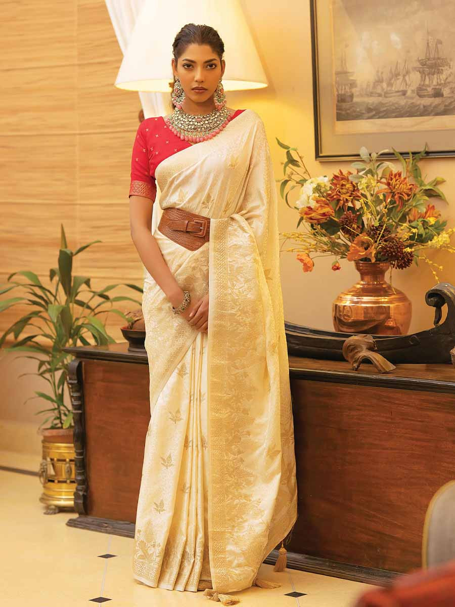 Cream Satin Silk Handwoven Festival Wedding Heavy Border Saree