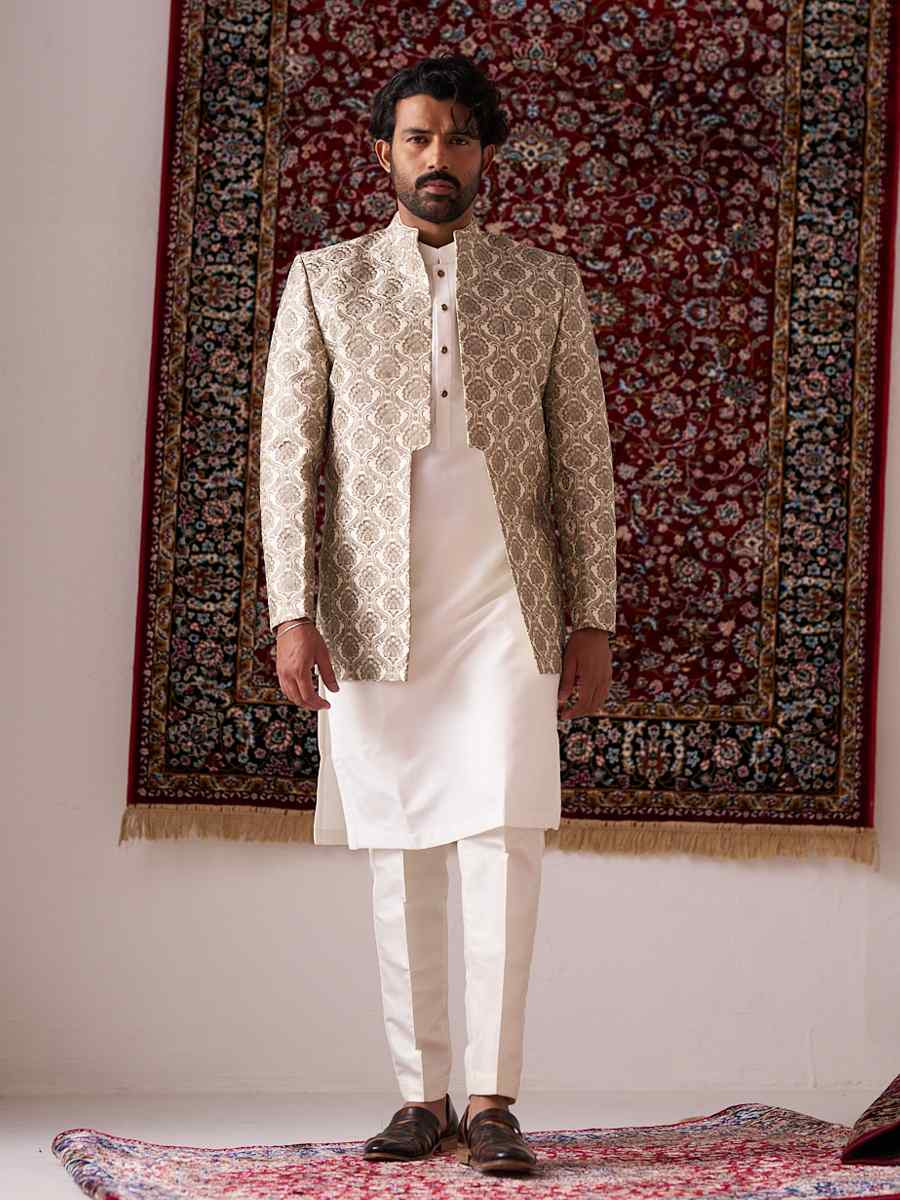 Cream Silk Embroidered Party Wedding Kurta