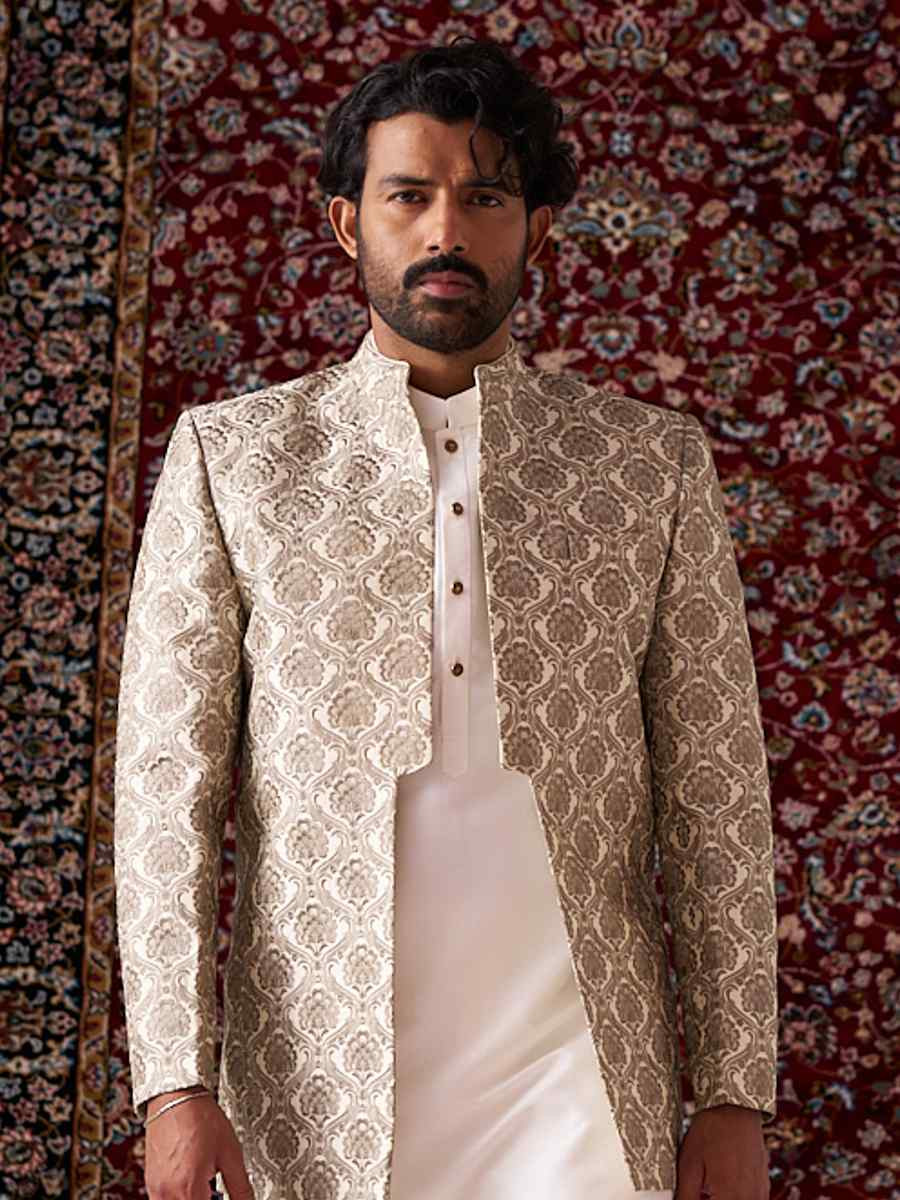 Cream Silk Embroidered Party Wedding Kurta