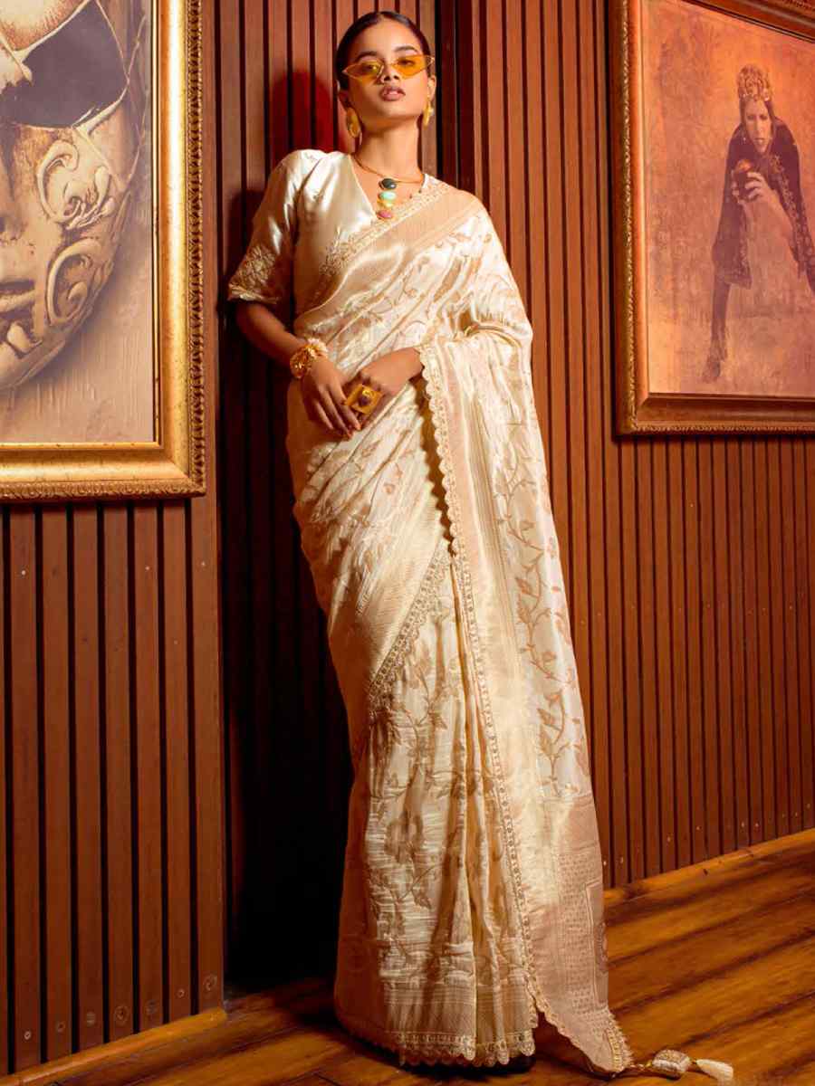 Cream Silk Handwoven Festival Wedding Heavy Border Saree