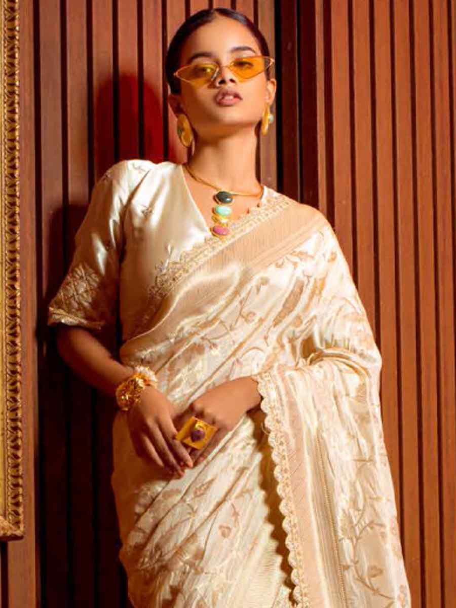 Cream Silk Handwoven Festival Wedding Heavy Border Saree