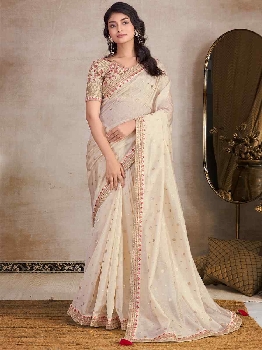 Cream Silk Organza Embroidered Party Reception Heavy Border Saree