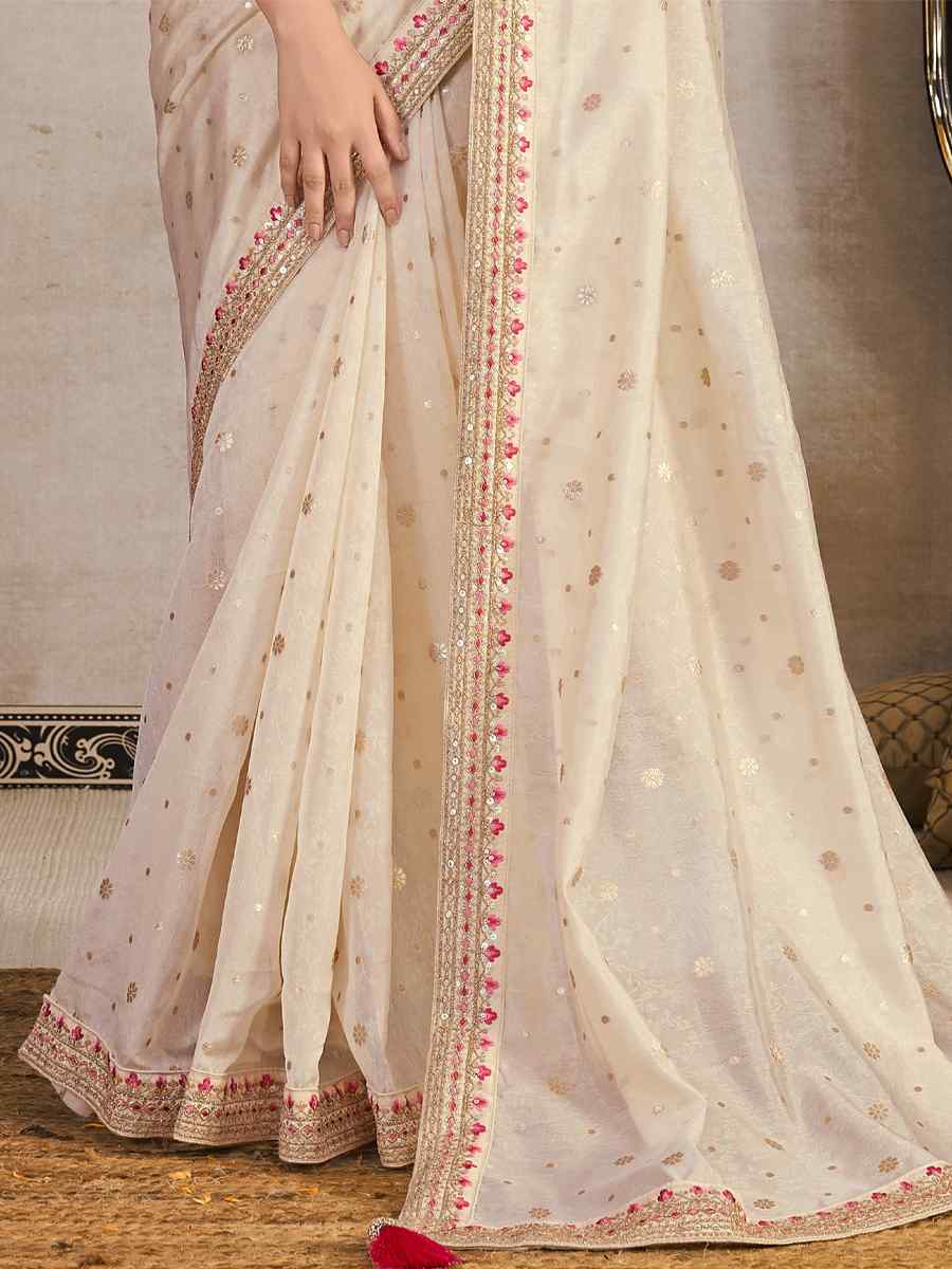 Cream Silk Organza Embroidered Party Reception Heavy Border Saree