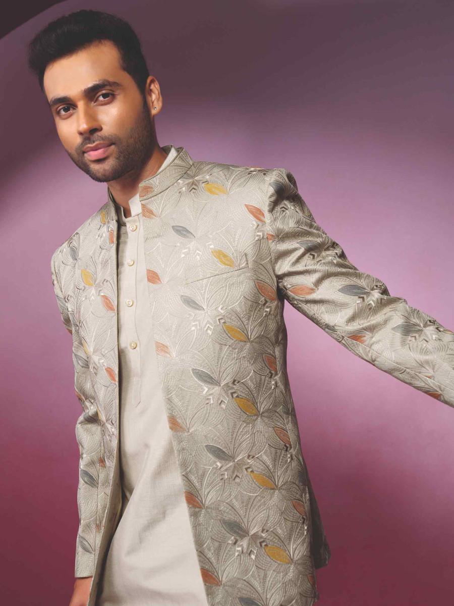 Cream Silk Woven Groom Wedding Kurta