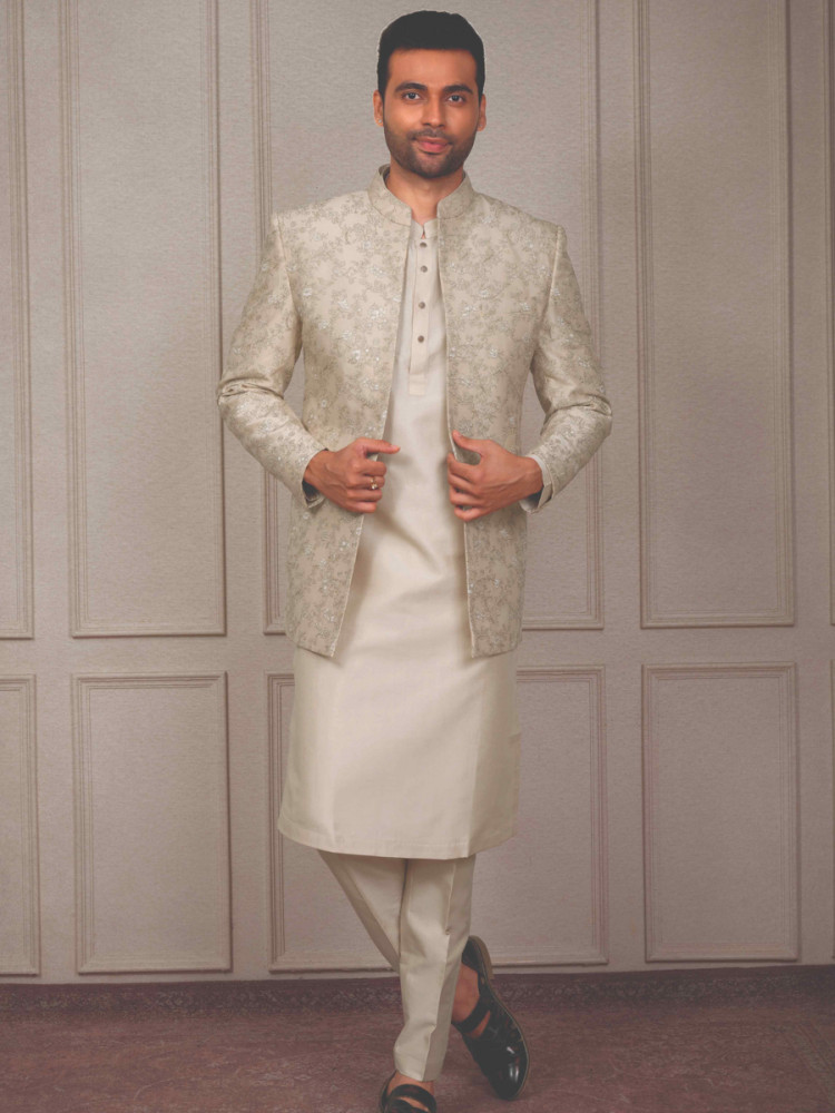 Cream Silk Woven Groom Wedding Kurta