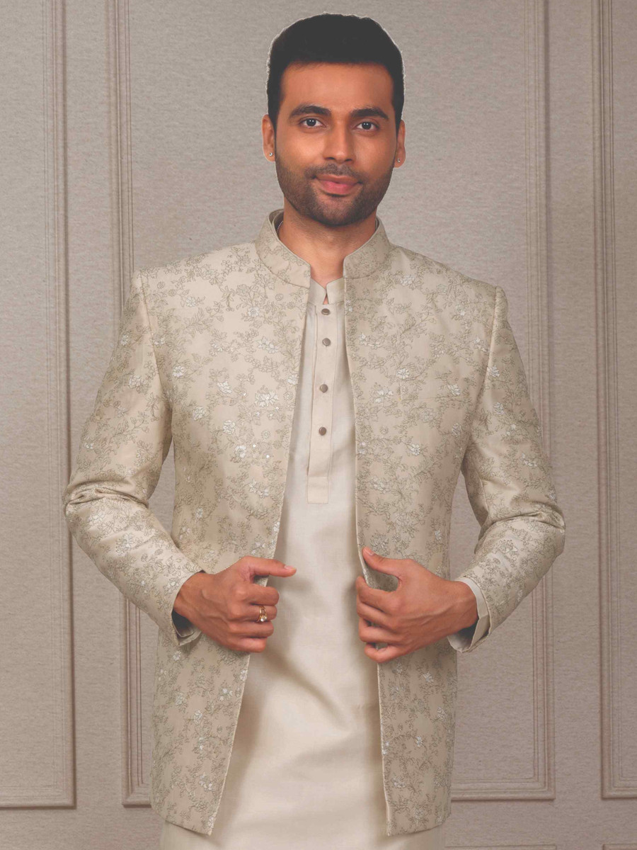 Cream Silk Woven Groom Wedding Kurta