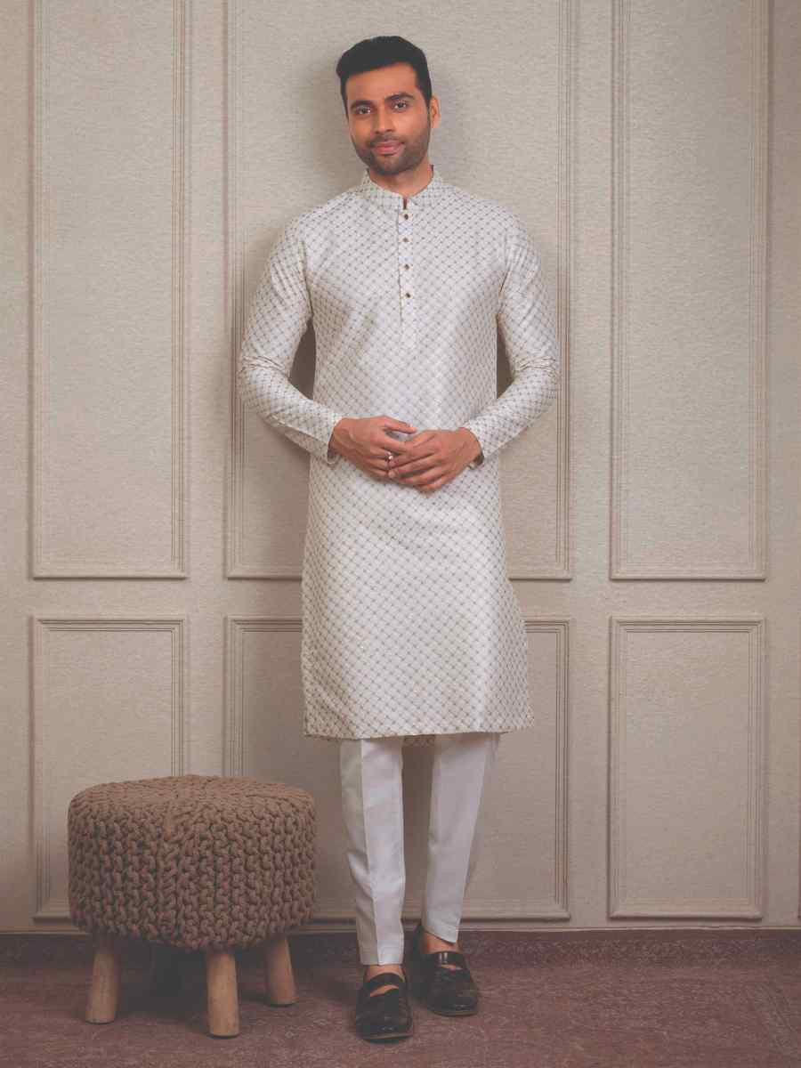 Cream Silk Woven Party Wedding Kurta