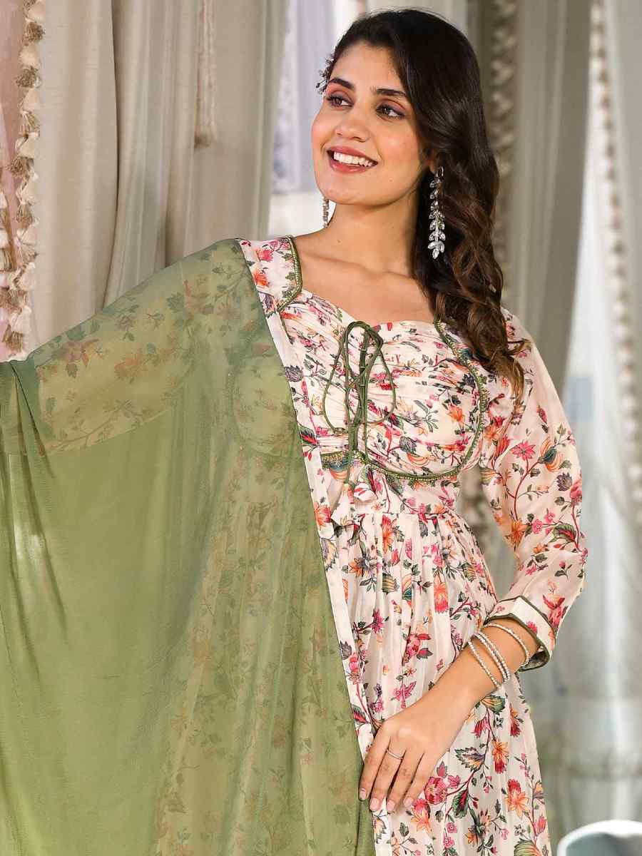 Cream Slim Georgatte Printed Festival Casual Ready Anarkali Salwar Kameez