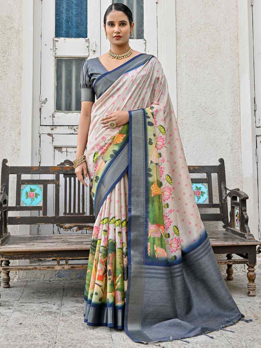 Cream Soft Tussar Silk Printed Festival Casual Contemporary Saree