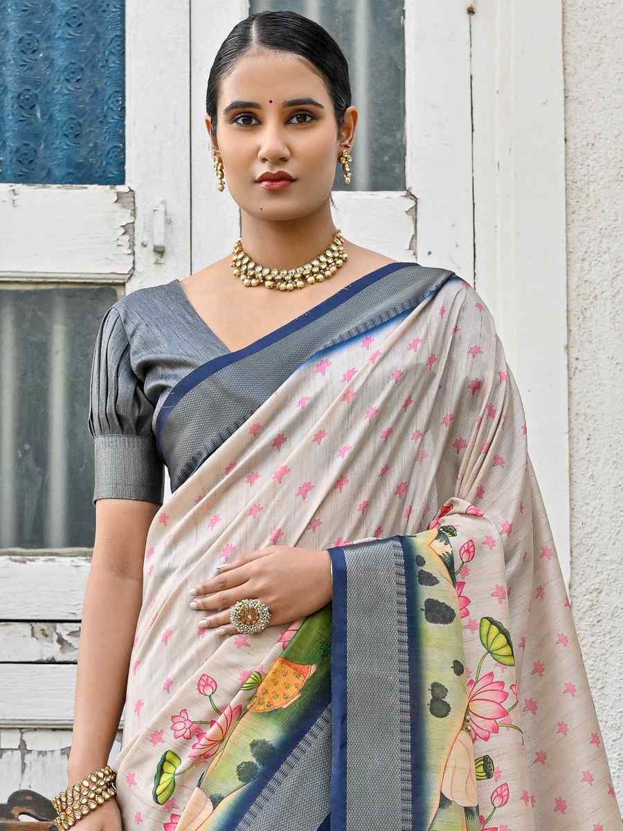 Cream Soft Tussar Silk Printed Festival Casual Contemporary Saree