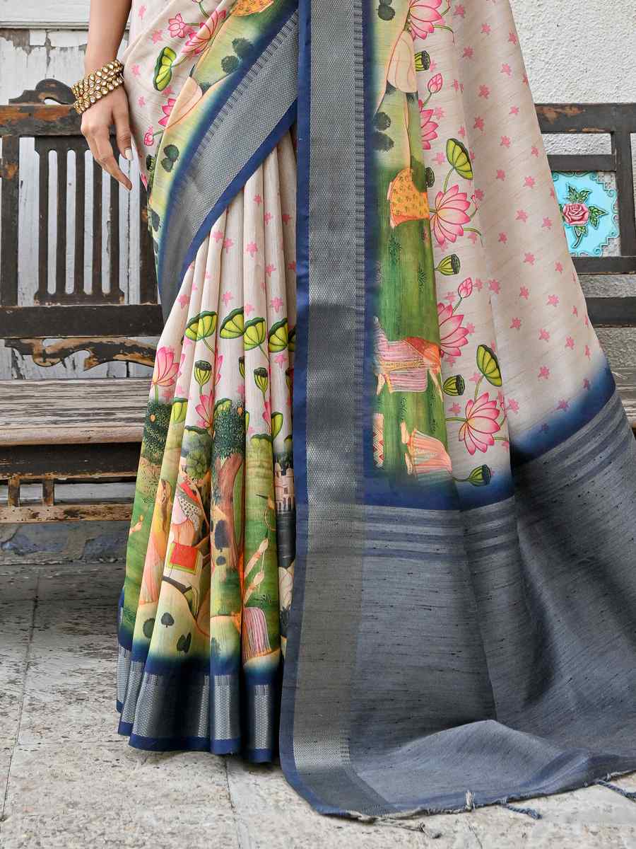 Cream Soft Tussar Silk Printed Festival Casual Contemporary Saree