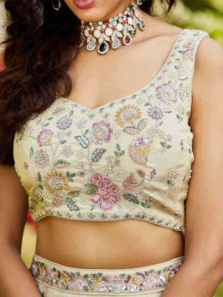 Cream Tissue Embroidery Reception Party Wear Heavy Border Lehenga Choli