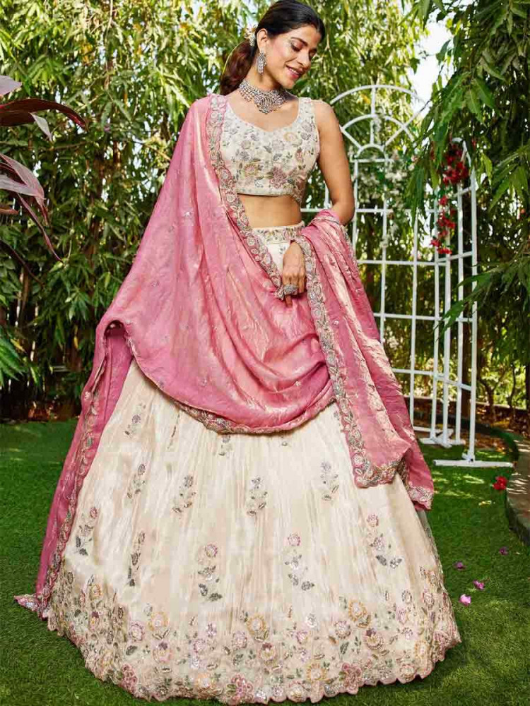 Cream Tissue Embroidery Reception Party Wear Heavy Border Lehenga Choli