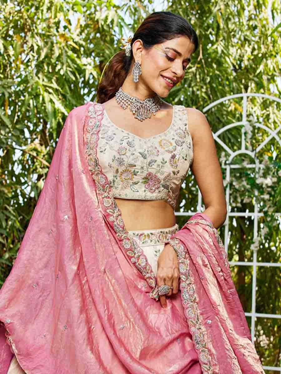 Cream Tissue Embroidery Reception Party Wear Heavy Border Lehenga Choli