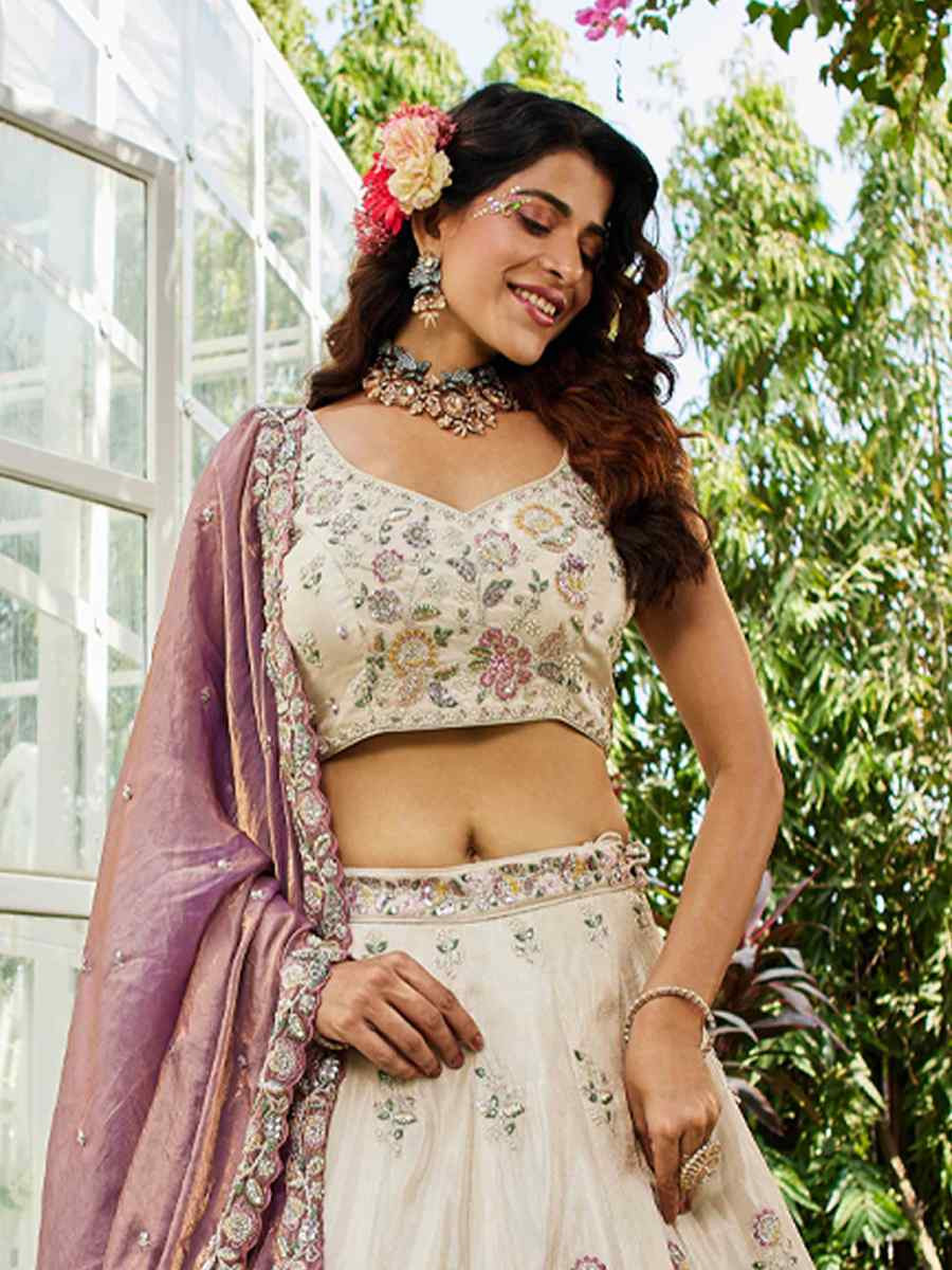 Cream Tissue Embroidery Reception Party Wear Heavy Border Lehenga Choli