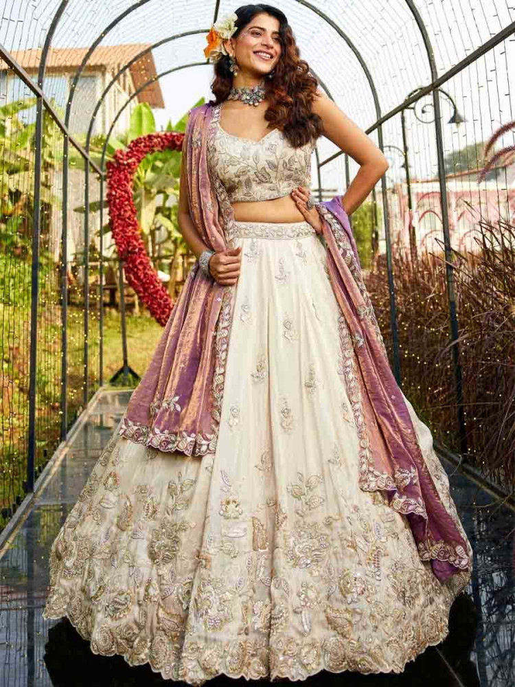 Cream Tissue Embroidery Reception Party Wear Heavy Border Lehenga Choli