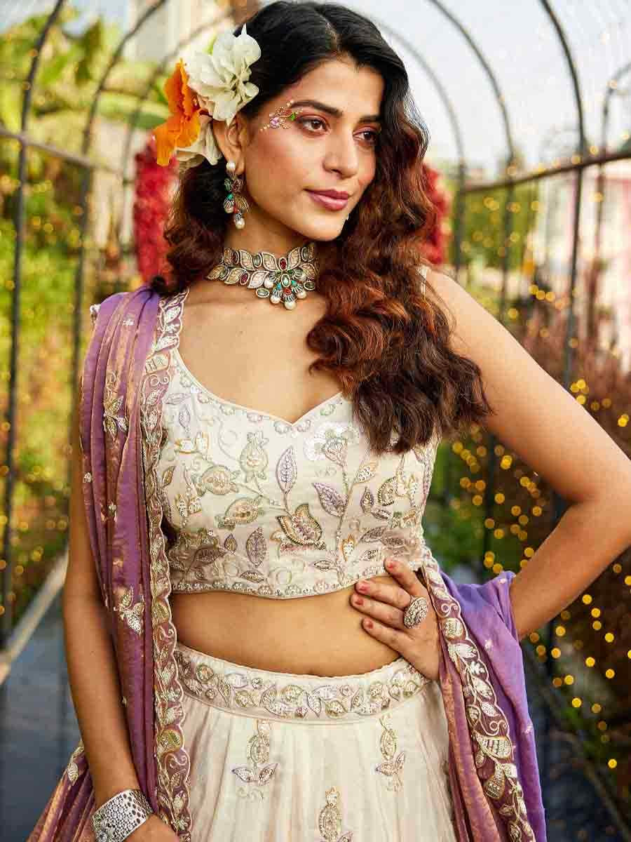 Cream Tissue Embroidery Reception Party Wear Heavy Border Lehenga Choli