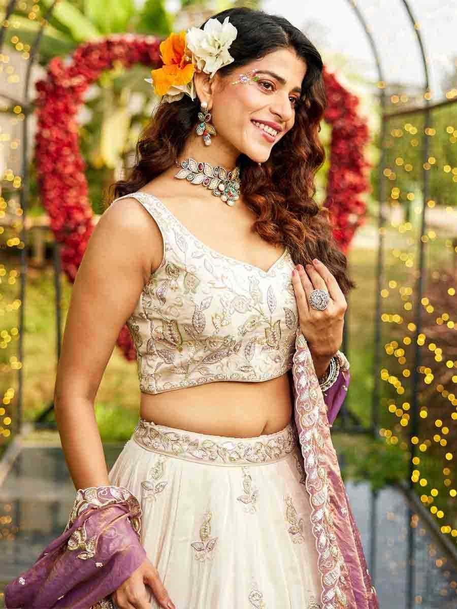 Cream Tissue Embroidery Reception Party Wear Heavy Border Lehenga Choli