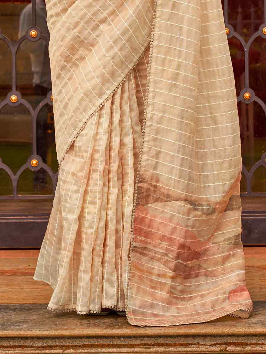 Cream Tissue Silk Printed Festival Casual Contemporary Saree